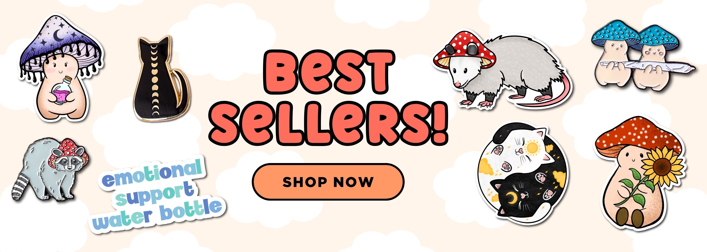 A promotional banner with the text 'BEST SELLERS!' and a 'SHOP NOW' button, surrounded by cartoon-style illustrated products including mushrooms, a cat yin yang, a black cat, an emotional support water bottle sticker, and other whimsical items on a pale cream background.