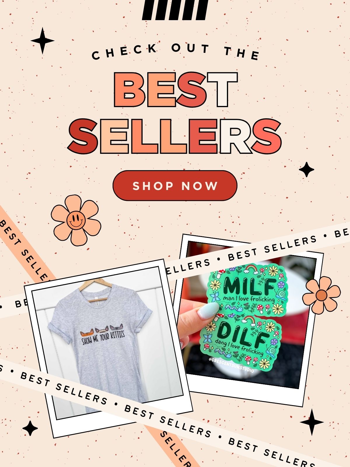Banner reads "check out the best sellers, shop now" in shades of red, orange, and white. Two products, a shirt and stickers are at the bottom of the banner.