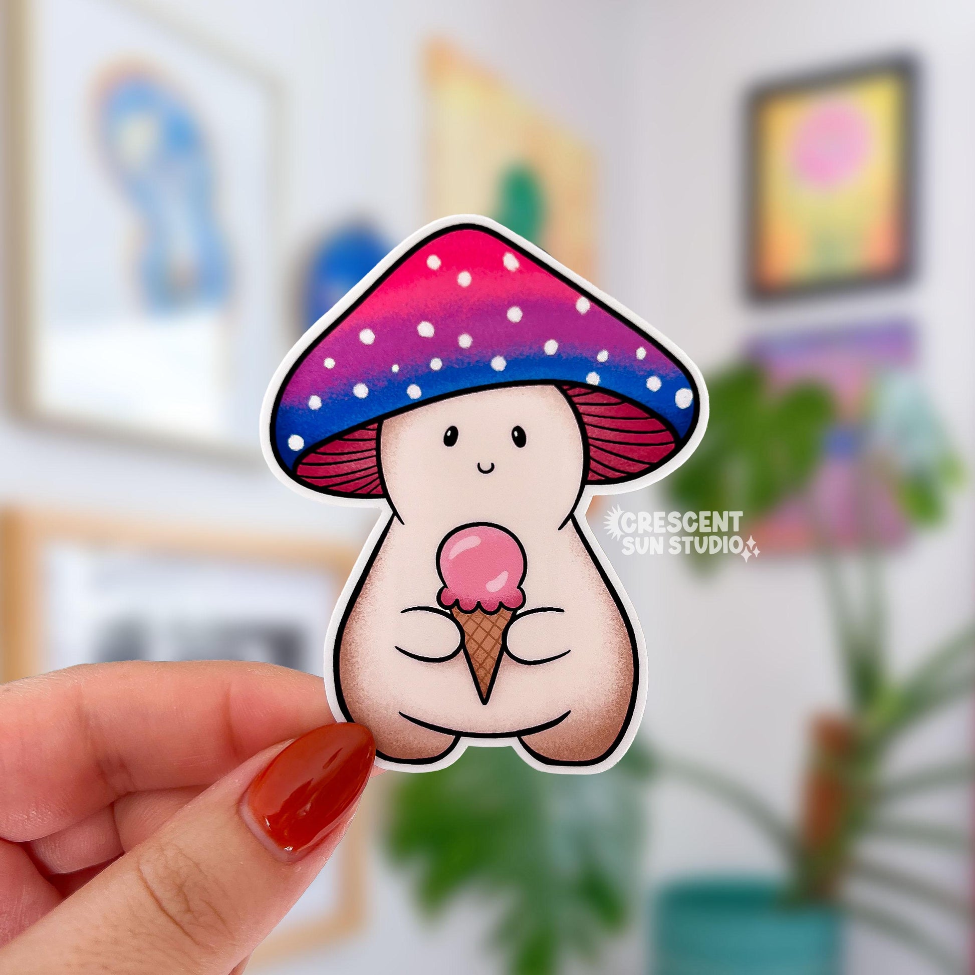 A mushroom character sticker with a mushroom cap in shades of pink and purple. The character is holding a pink ice cream cone.