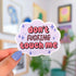a pastel purple cloud-shaped sticker reads "don't fucking touch me" in pinky coral bubble letters. Purple stars are placed around the words.