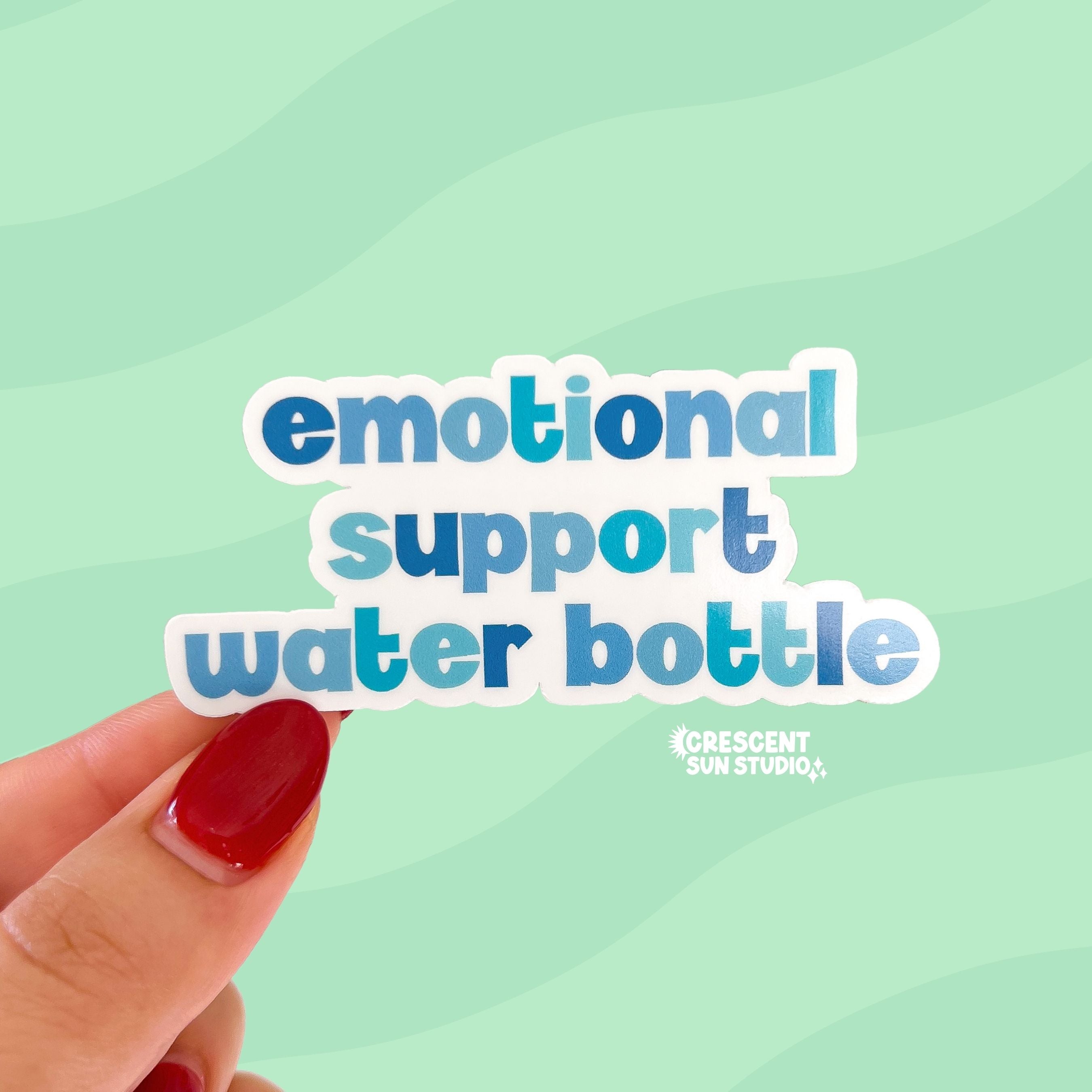 In shades of blue, this die cut sticker reads "emotional support water bottle" on three lines.