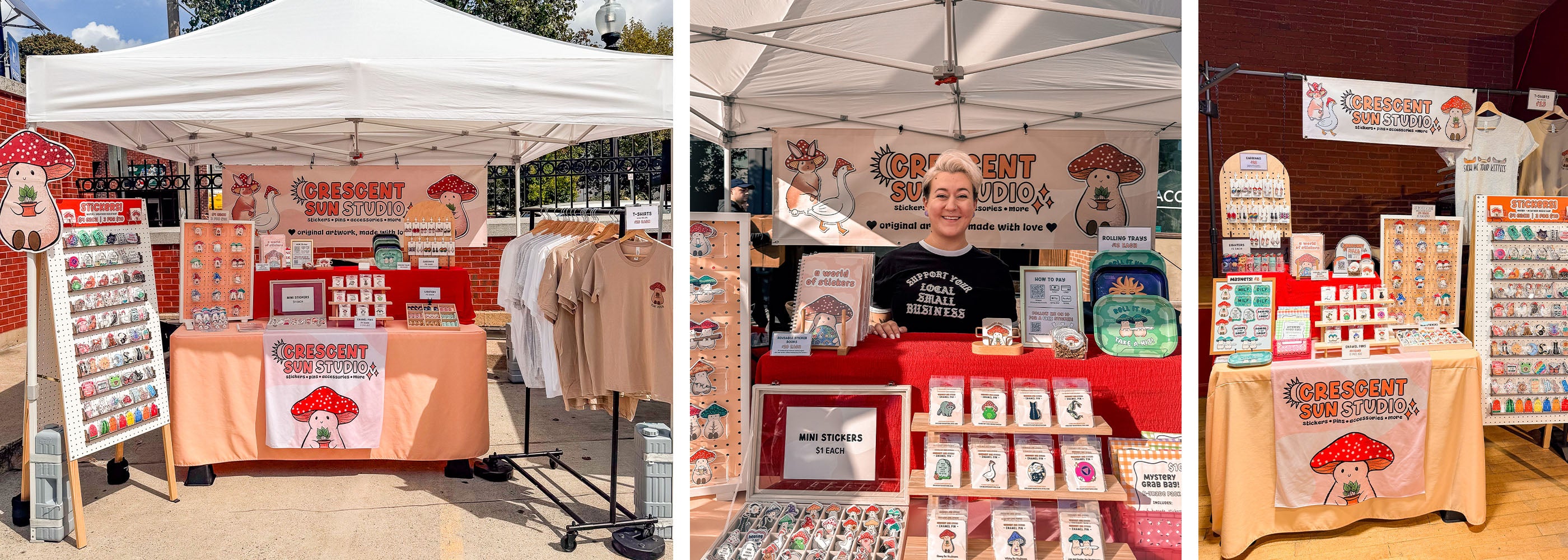 three images of the Crescent Sun Studio booth at events. In the center, the artist is seen standing behind her booth and smiling.