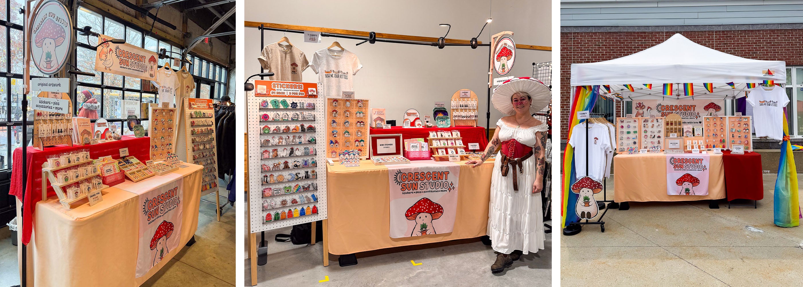 Three images of the Crescent Sun Studio booth at various events.