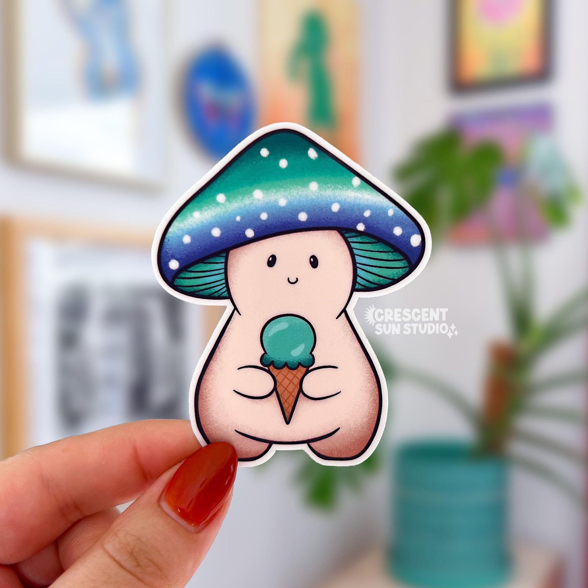 A mushroom character whose cap is green, white, and blue striped. He is holding a teal green ice cream cone.