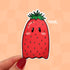 Die-cut sticker of a kawaii strawberry shaped like a ghost, with small eyes, pink cheeks, and a smile.