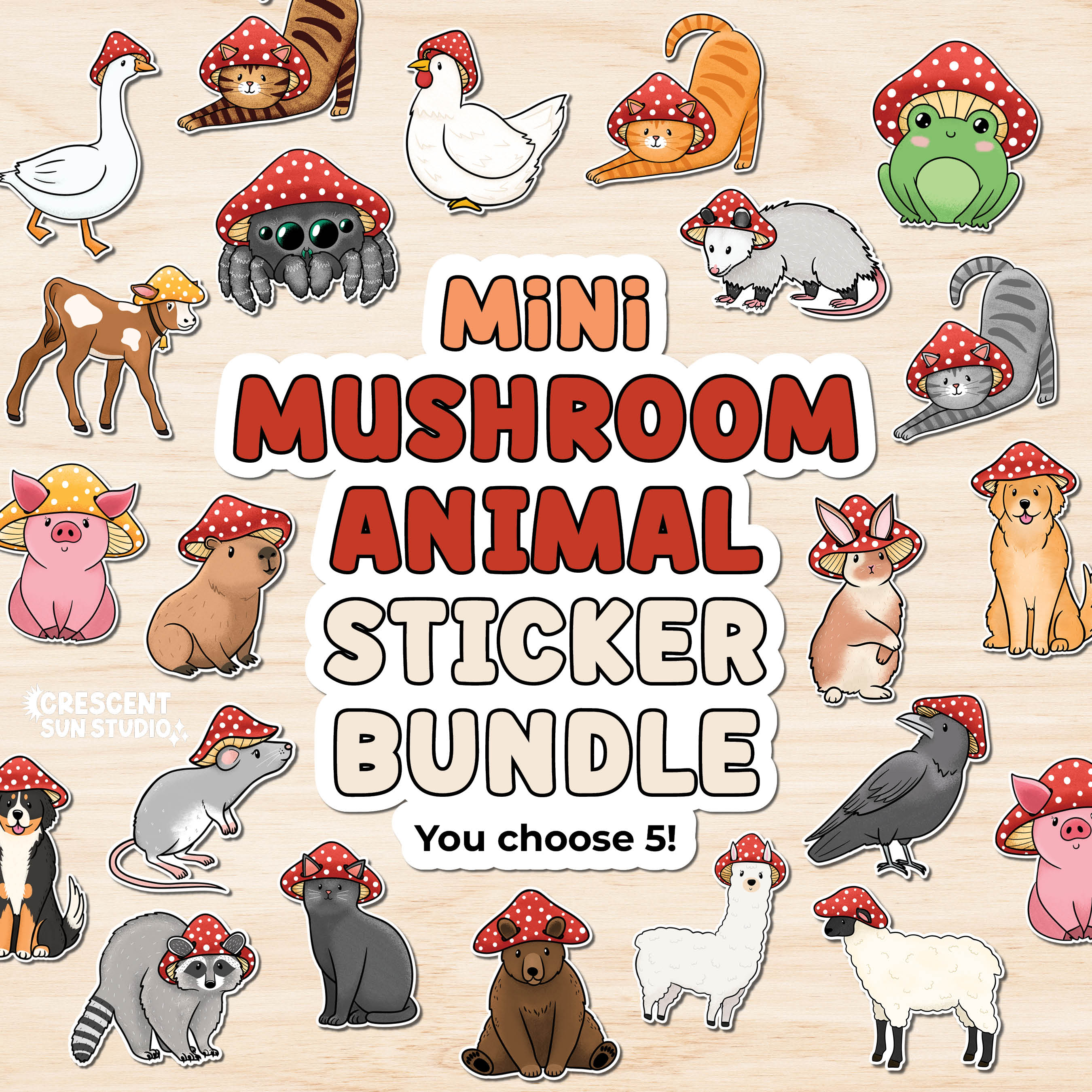 text reads "mini mushroom animal sticker bundle" with various illustrations of animals wearing mushroom hats
