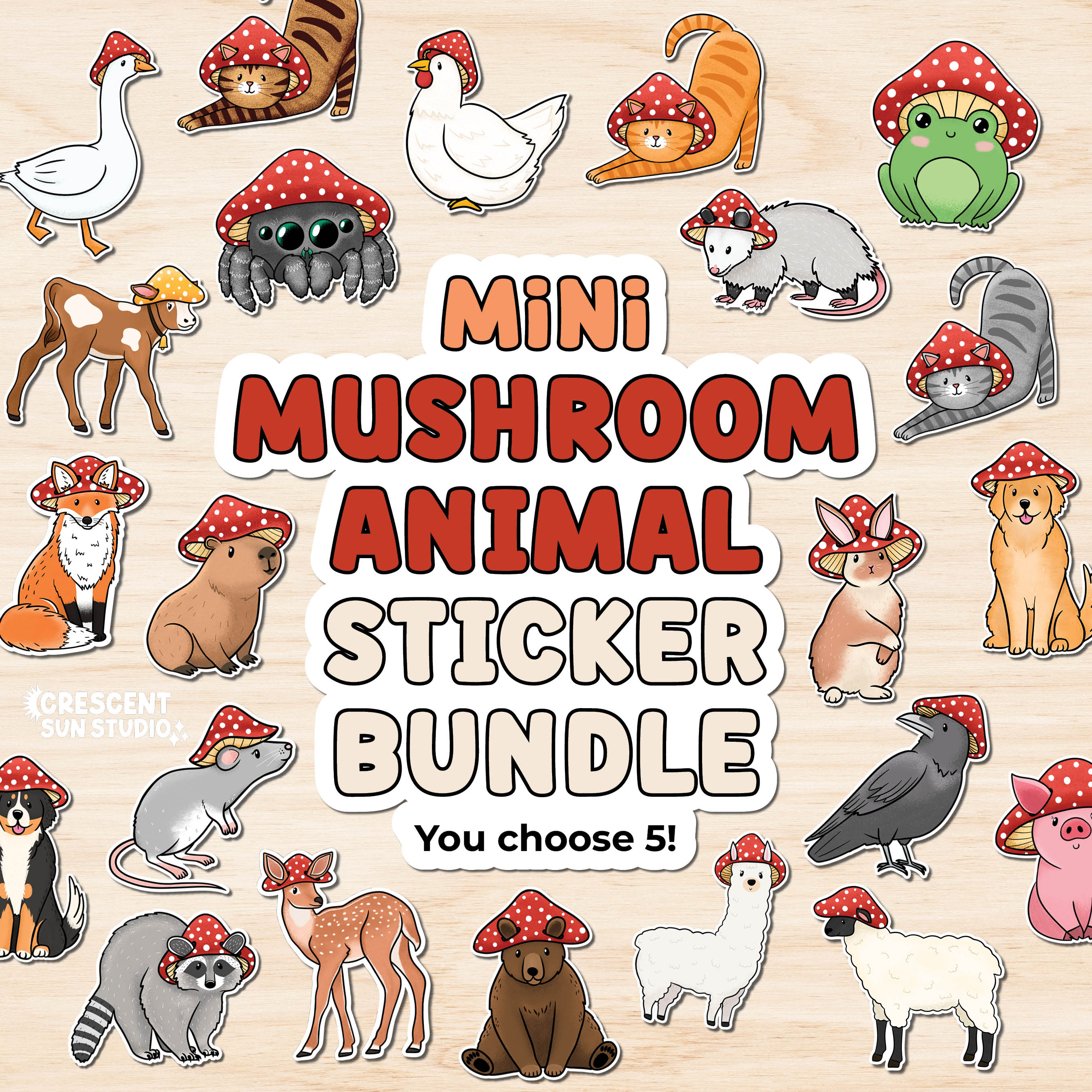 text reads "mini mushroom animal sticker bundle" with various illustrations of animals wearing mushroom hats