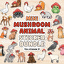 text reads "mini mushroom animal sticker bundle" with various illustrations of animals wearing mushroom hats