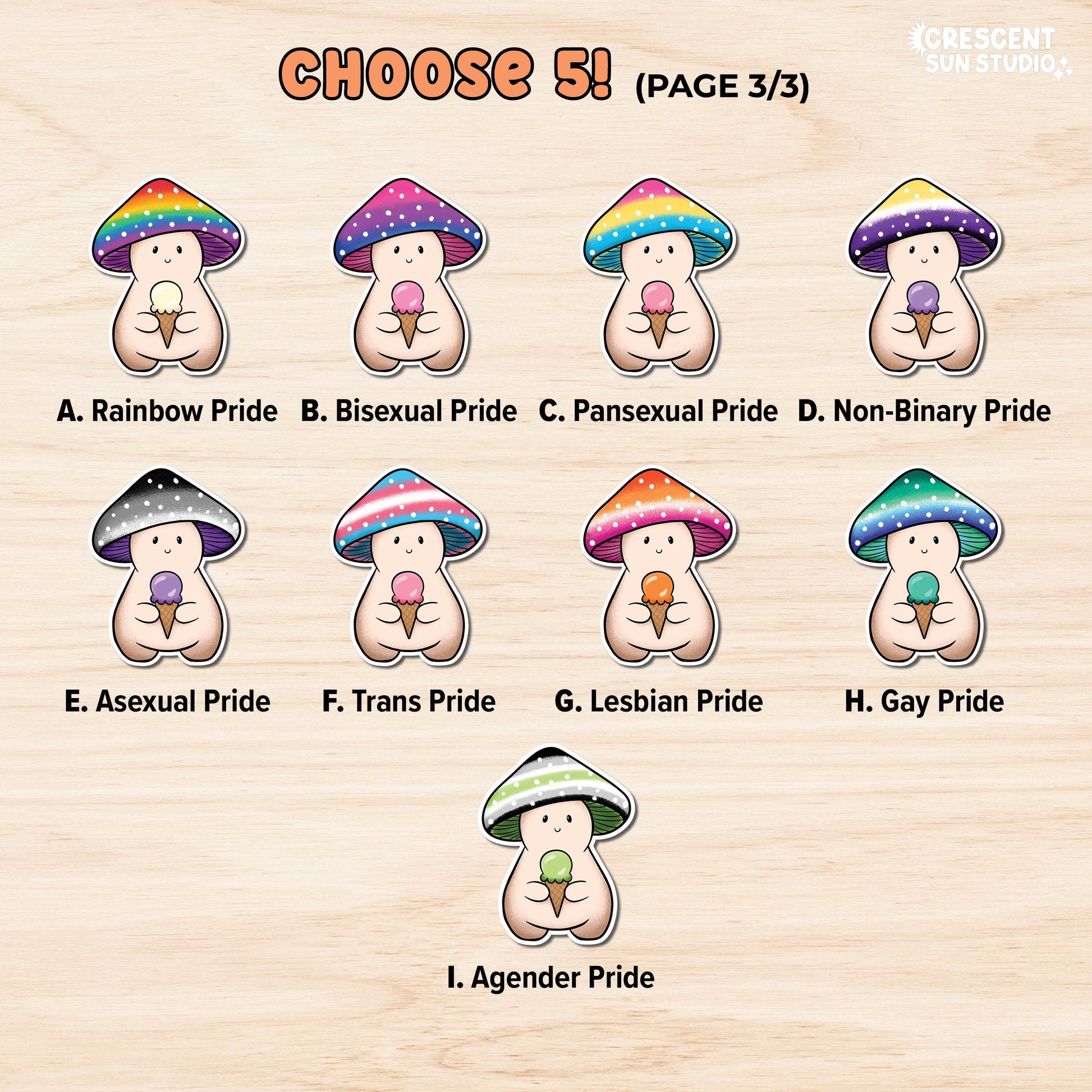 Text reads "choose 5, page 3/3." Mushroom characters: A. Rainbow pride B. Bisexual pride C. Pansexual pride D. non-binary pride E. Asexual pride F. Trans pride G. Lesbian Pride H. Gay pride I. Agender pride