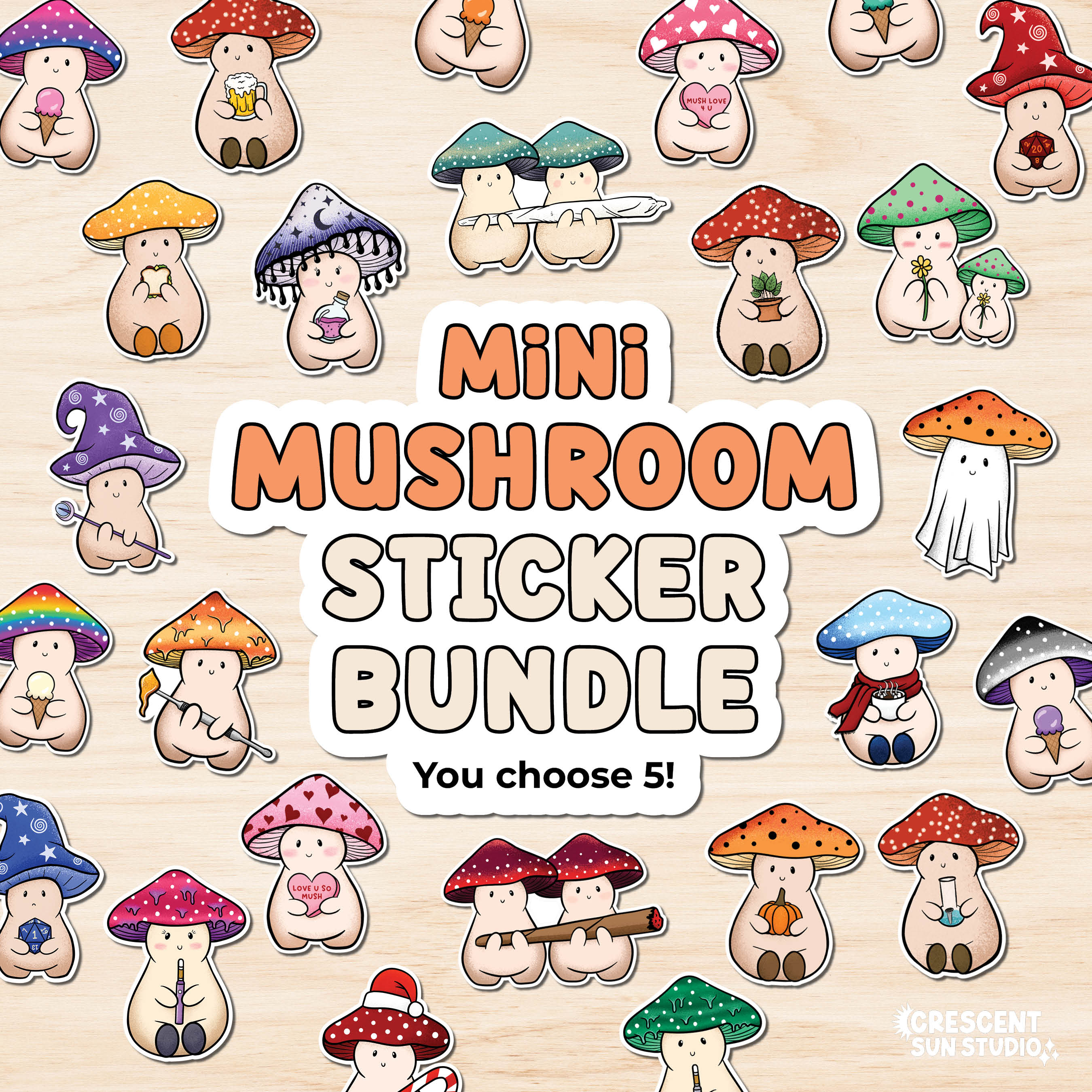 Text reads "mini mushroom sticker bundle" and is surrounded by various mushroom character illustrations.
