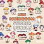 Text reads "mini mushroom sticker bundle" and is surrounded by various mushroom character illustrations.