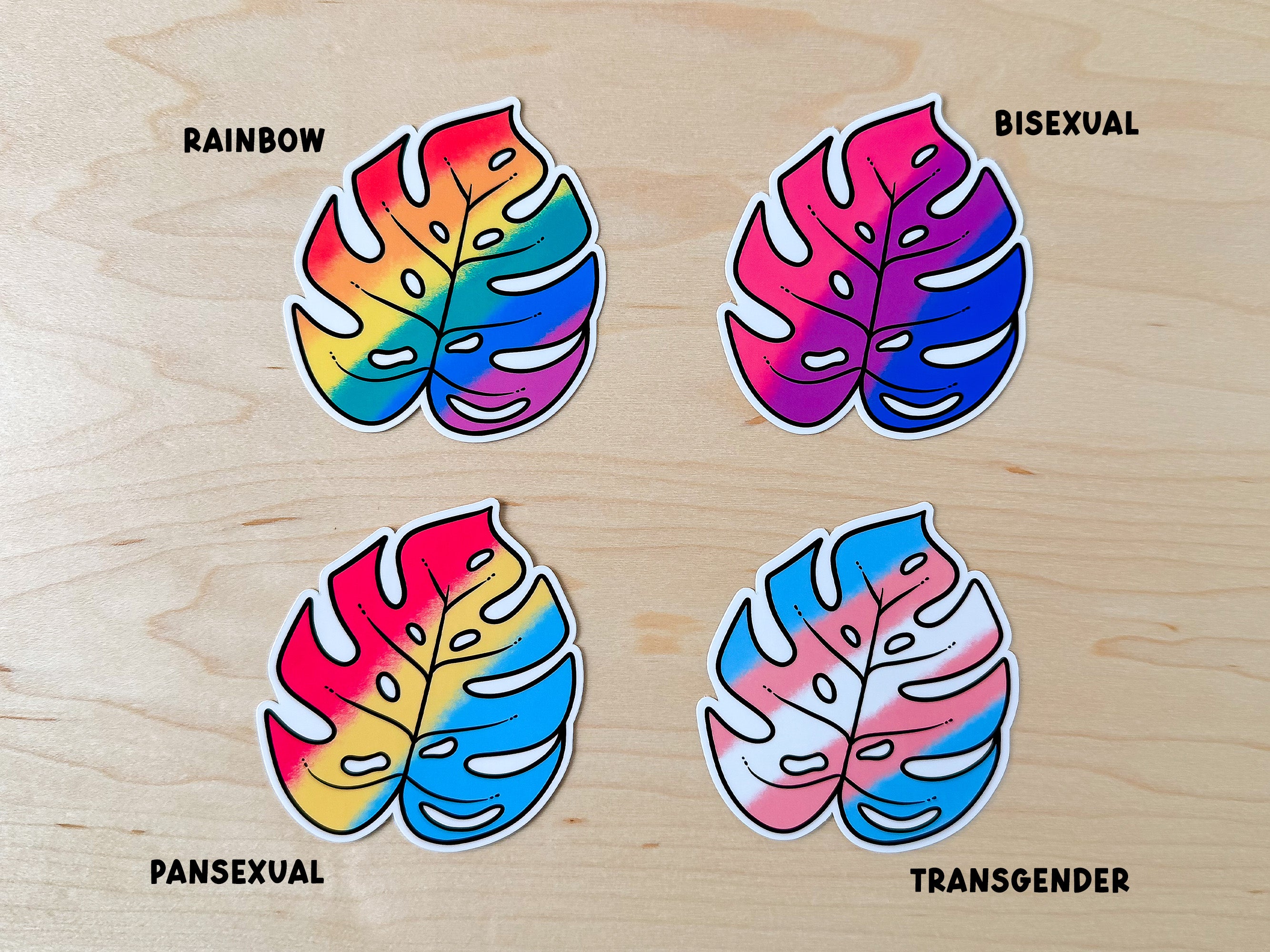 Four monstera shaped stickers are displayed on a light wood background. The "rainbow flag" monstera goes from red to purple with rainbow colors in-between. The bisexual flag monstera goes from pink to purple to blue. The pansexual flag monstera is colored with magenta, yellow, and blue colors. The final monstera in this image is colored with blue, pink, white, pink, and blue stripes, representing the transgender pride flag.