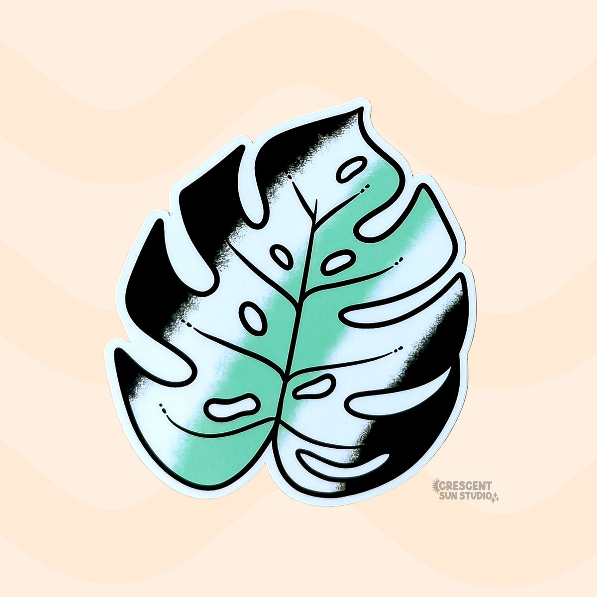 This monstera leaf sticker is black, white, light green, white, and black representing the agender flag.