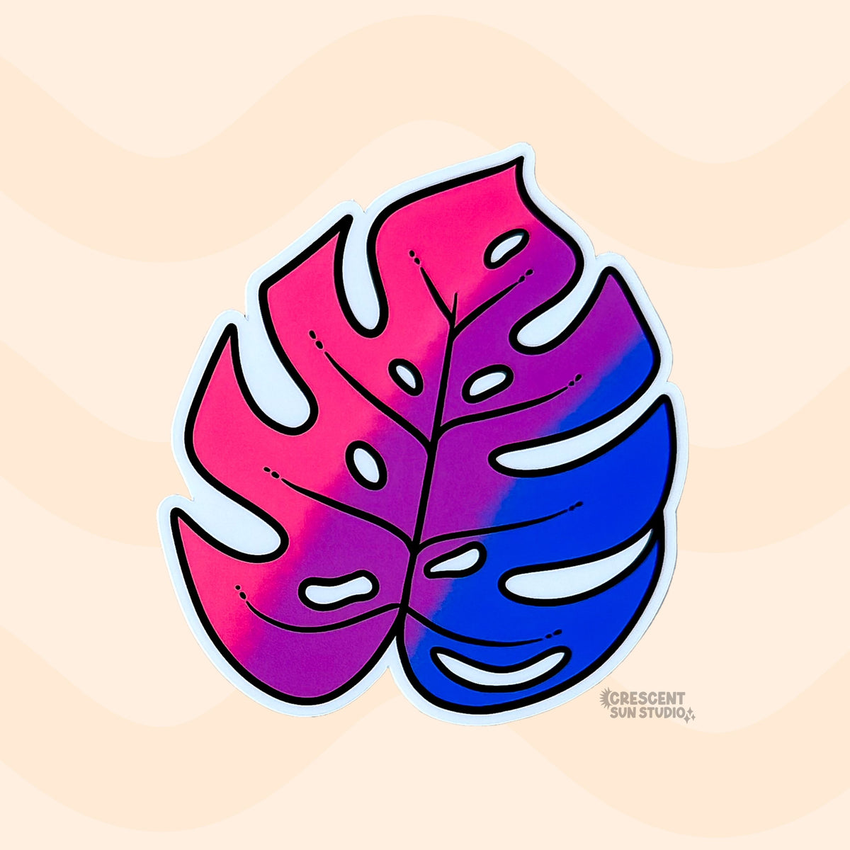 This monstera leaf sticker depicts the bisexual flag, with the colors going from pink to purple to blue.
