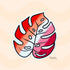 This monstera leaf sticker is colored in shades of orange, white, and pink, depicting the lesbian pride flag.