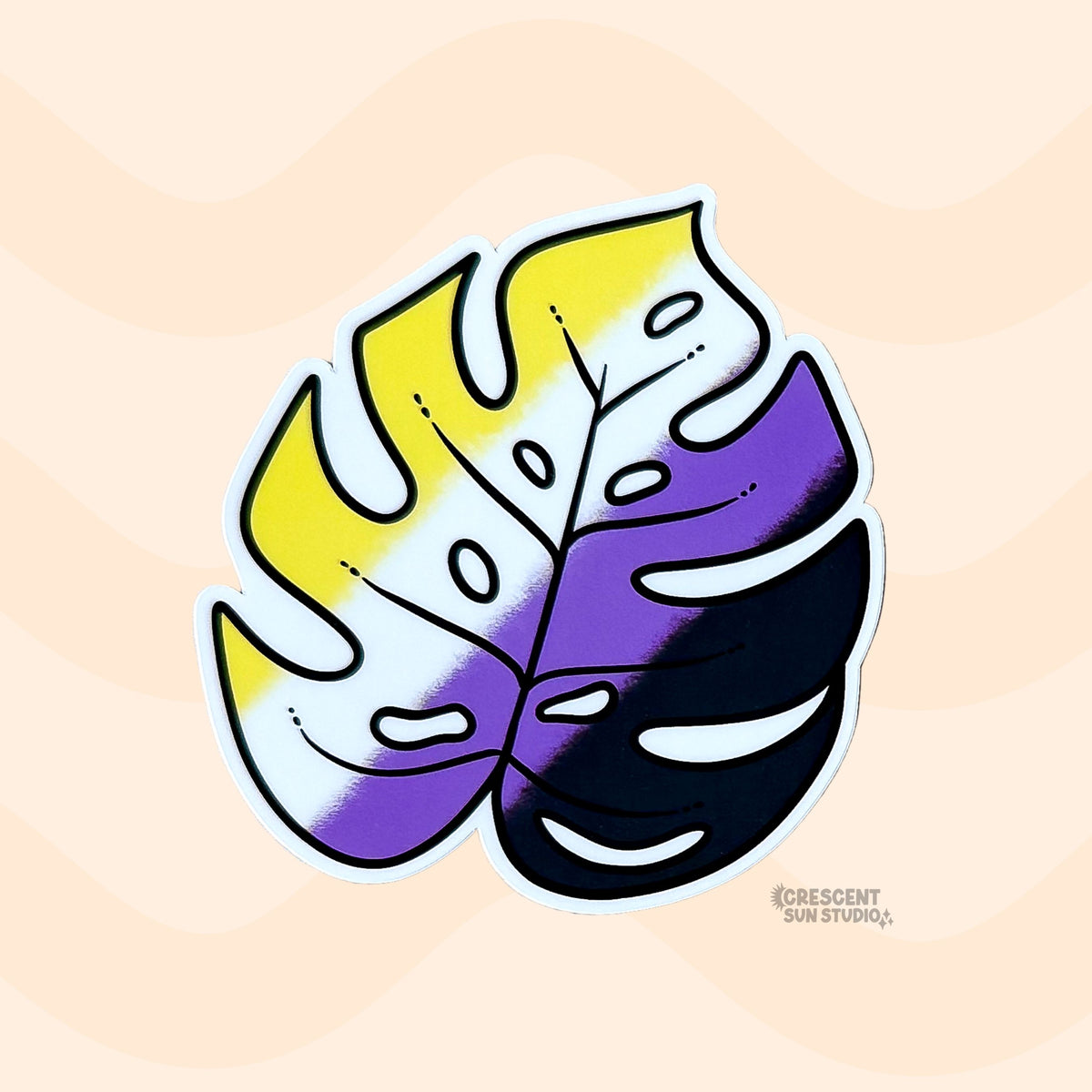 This monstera leaf sticker is colored in yellow, white, purple, and black, depicting the nonbinary pride flag.