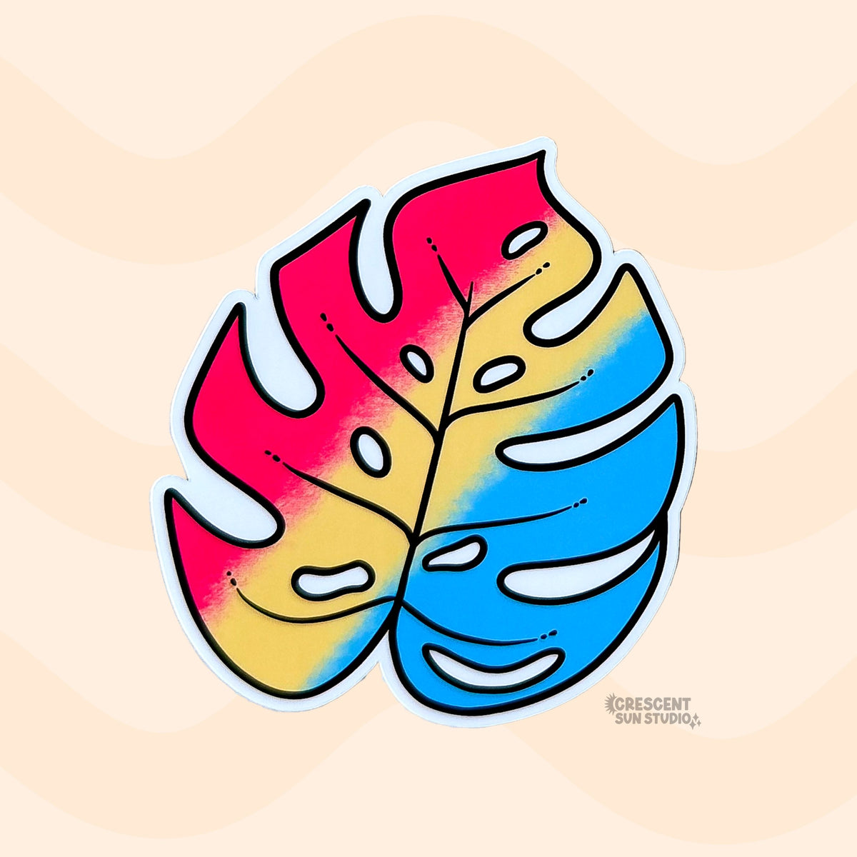 This monstera leaf sticker is colored with magenta, yellow, and blue, depicting the pansexual pride flag.