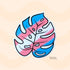 This monstera leaf sticker is colored in blue, pink, white, pink, and blue stripes, representing the transgender pride flag.