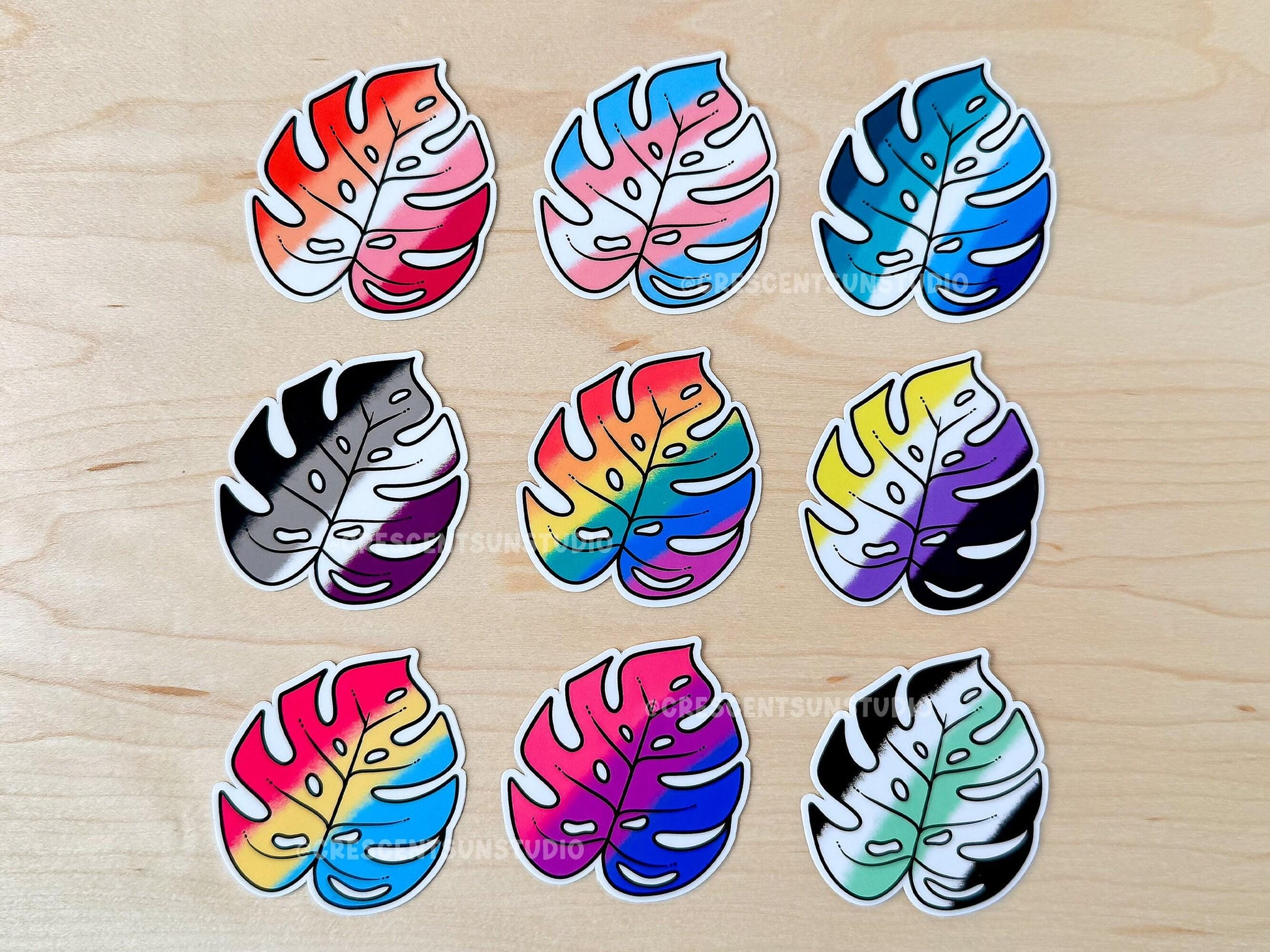 Colorful monstera leaf stickers, each in hte colors of different pride flags, are arranged in three rows of three