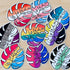 Colorful monstera leaf shaped stickers on a wooden surface.