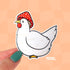 A die cut sticker of a white chicken wearing a red and white mushroom cap. 