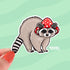 A diecut sticker of an adorable raccoon wearing a red mushroom cap.