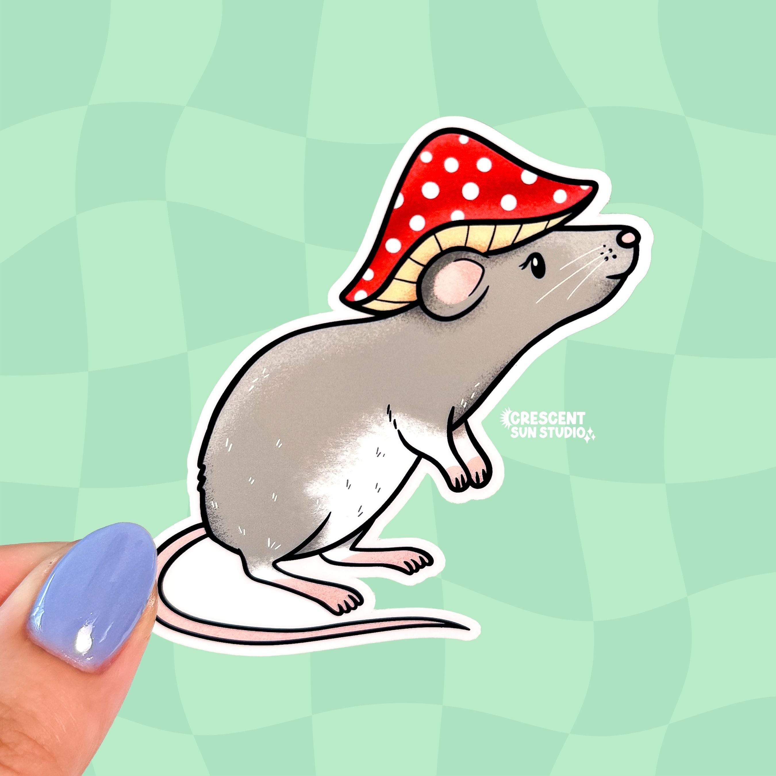 A diecut sticker of a curious gray rat wearing a red and white mushroom cap