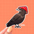 A sticker in the shape of a dark colored bird wearing a red and white mushroom for a hat.