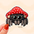 A kawaii brown jumping spider wearing a red and white mushroom cap for a hat