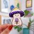 A mushroom character with a yellow, white, and purple cap holds a purple ice cream cone.