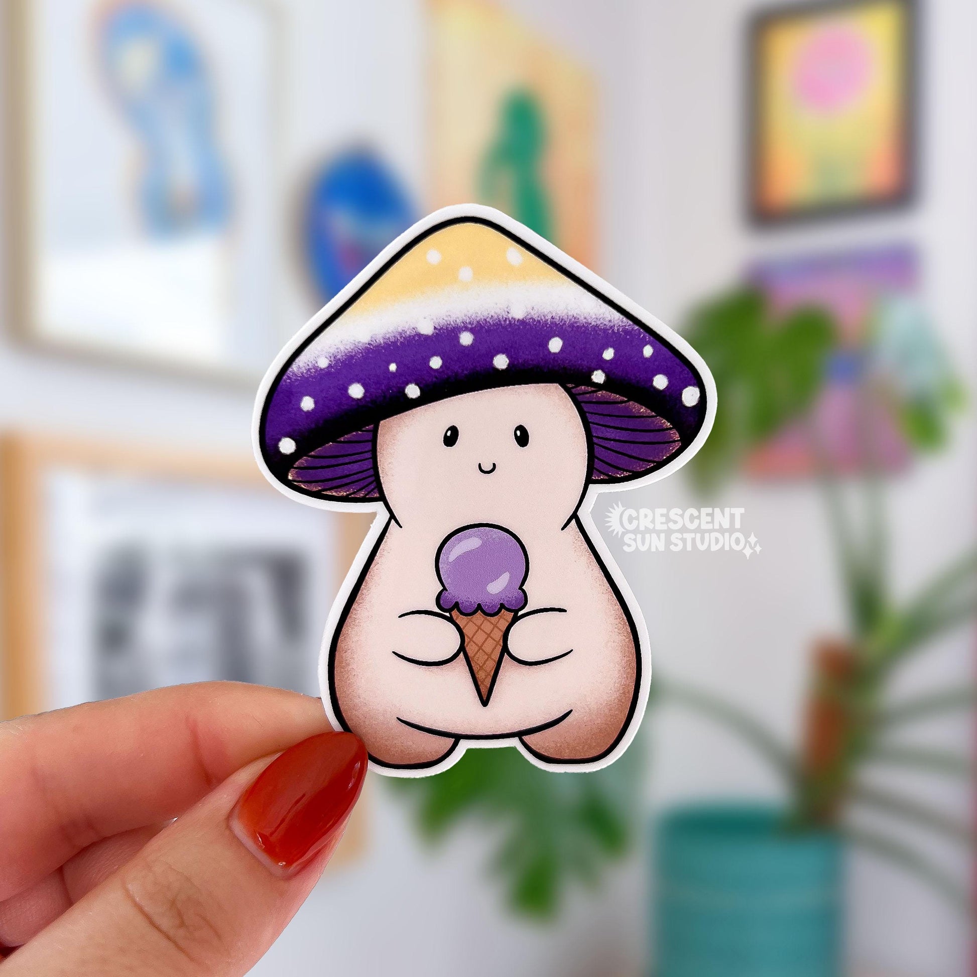 A mushroom character with a yellow, white, and purple cap holds a purple ice cream cone.