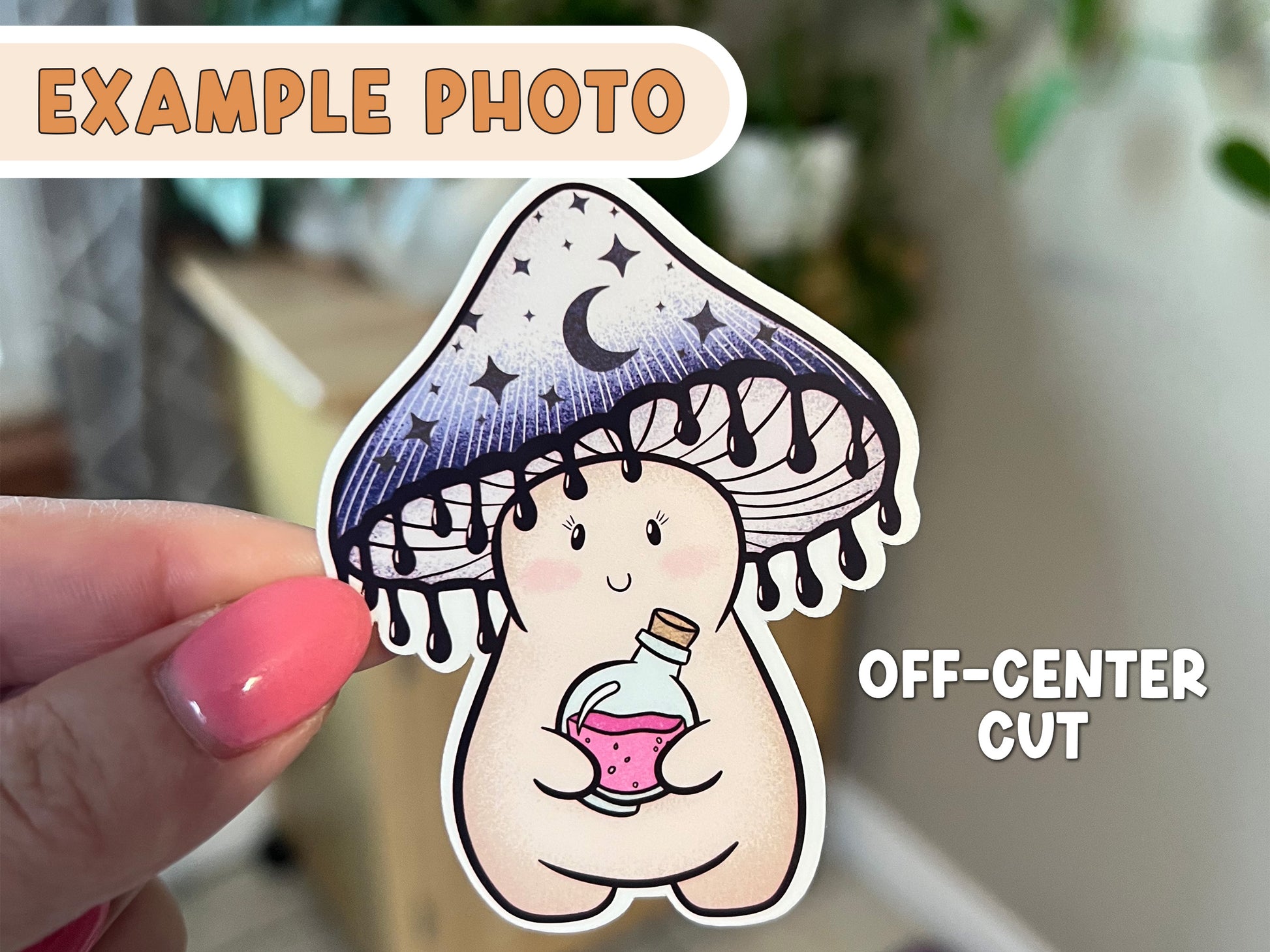 Image shows a mushroom character sticker with an off-center cut as its flaw.