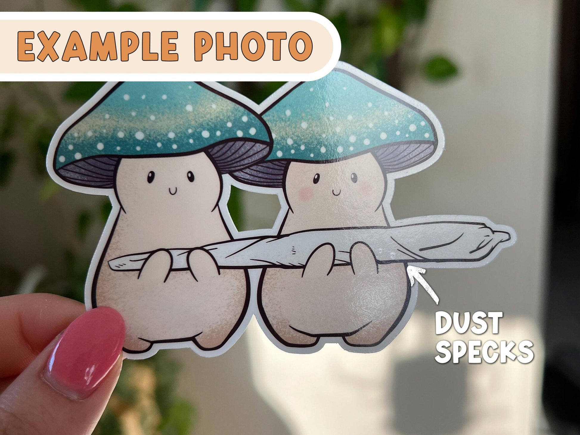 Image shows two mushroom characters with dust specks as their flaw.