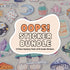 text reads "oops! sticker bundle. 5-piece mystery pack of b-grade stickers"