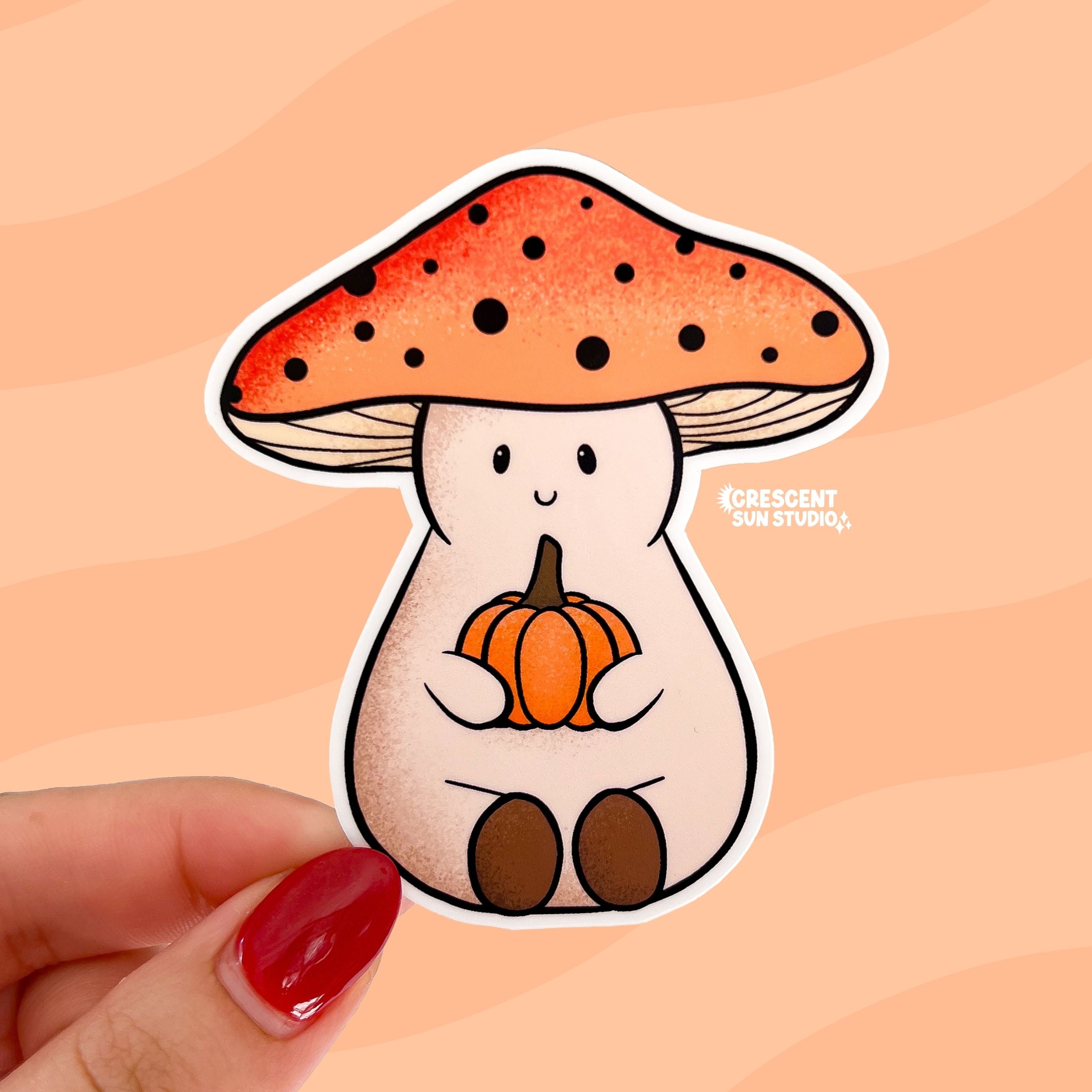 A mushroom shaped sticker of a friendly character wearing an orange mushroom cap and holding a small orange pumpkin