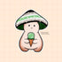 A mushroom character sticker with a black, grey, white, and green striped cap holds a green ice cream cone. The mushroom cap depicts the agender pride flag.