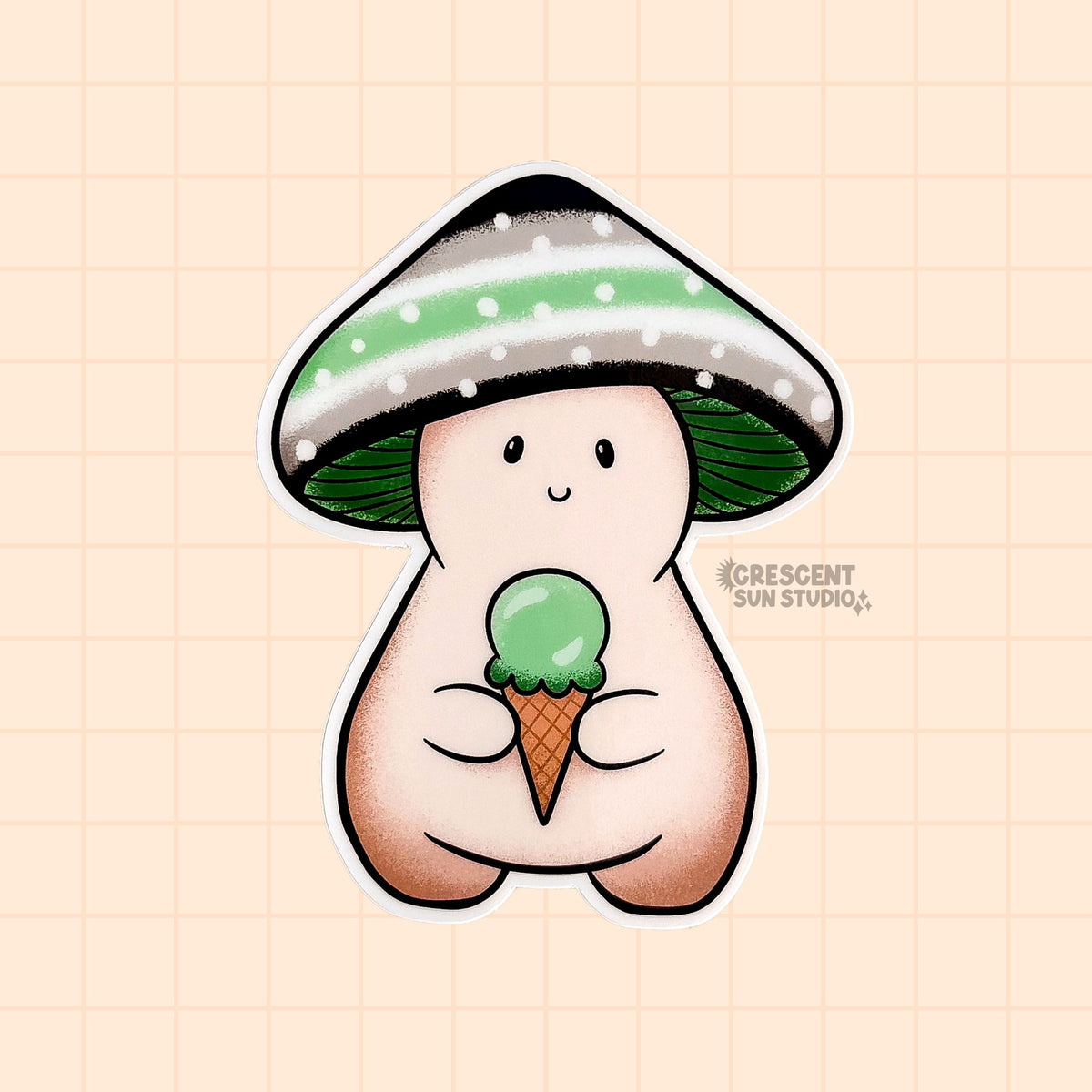 A mushroom character sticker with a black, grey, white, and green striped cap holds a green ice cream cone. The mushroom cap depicts the agender pride flag.