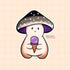 A mushroom character sticker whose cap is shades of black and grey with a purple underside, depicting the asexual pride flag. The mushroom holds a purple ice cream cone.