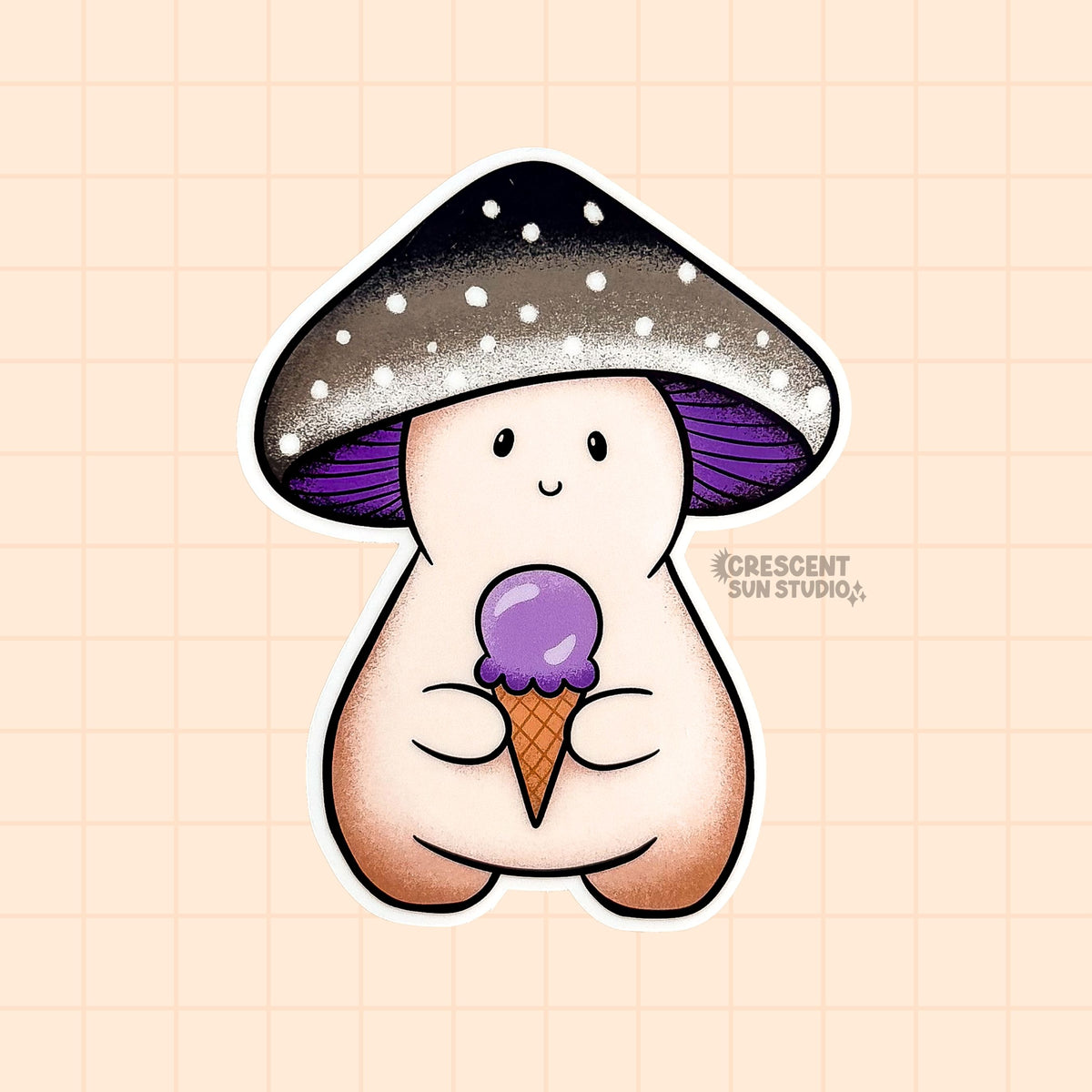 A mushroom character sticker whose cap is shades of black and grey with a purple underside, depicting the asexual pride flag. The mushroom holds a purple ice cream cone.