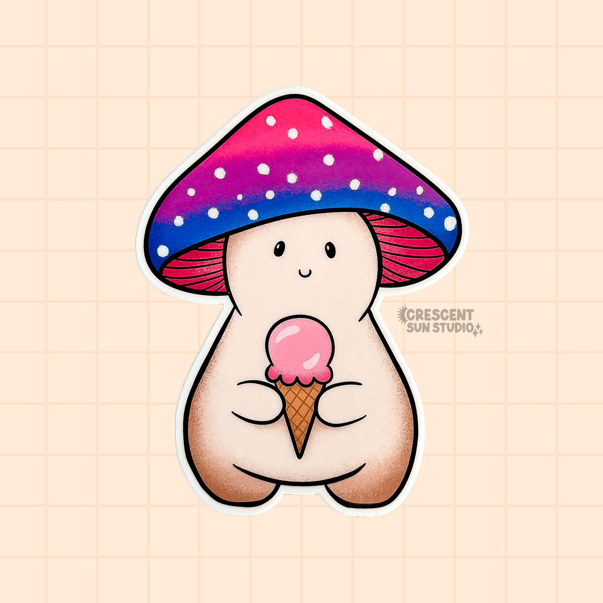 A mushroom character sticker with a mushroom cap in shades of pink, purple and blue, depicting the bisexual pride flag. The character is holding a pink ice cream cone.