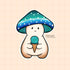 A mushroom character whose cap is green, white, and blue striped, depicting the gay pride flag. He is holding a teal green ice cream cone.