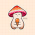 A mushroom character sticker whose cap is colored in stripes of orange, white, and pink, depicting the lesbian pride flag. The mushroom is holding an orange ice cream cone.
