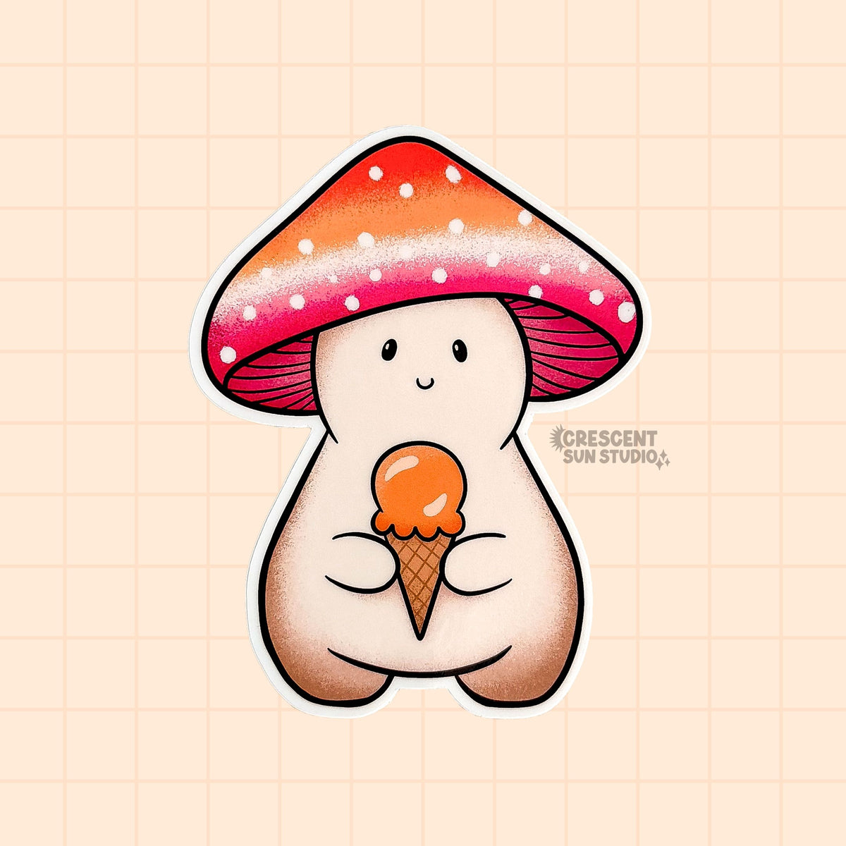 A mushroom character sticker whose cap is colored in stripes of orange, white, and pink, depicting the lesbian pride flag. The mushroom is holding an orange ice cream cone.