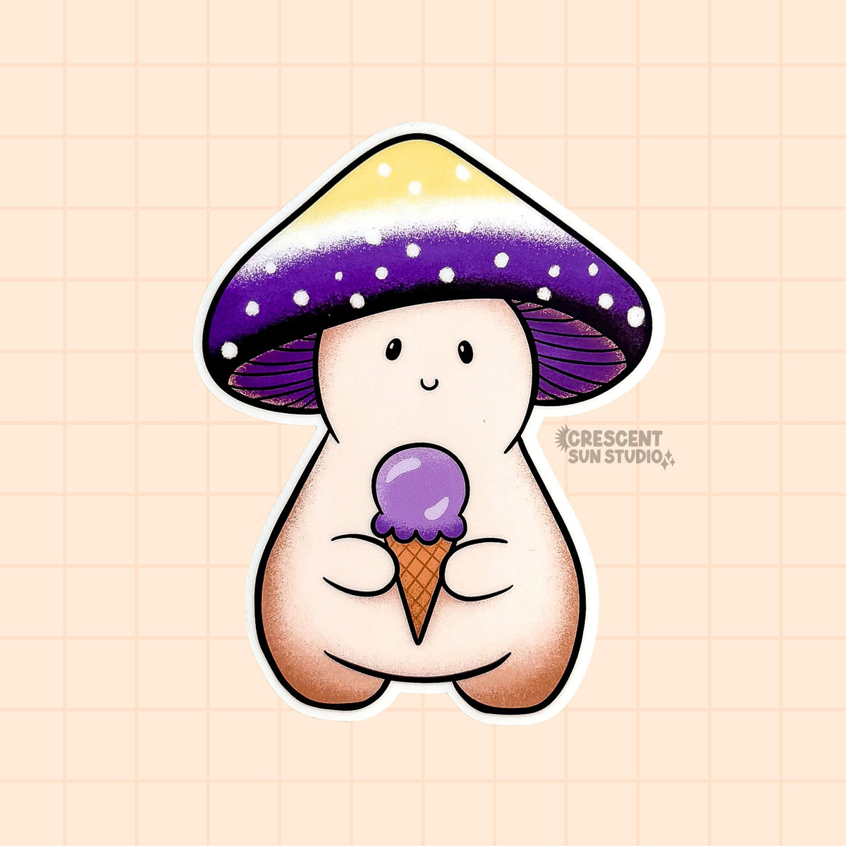 A mushroom character with a yellow, white, and purple cap (depicting the nonbinary pride flag) holds a purple ice cream cone.