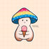 A mushroom character sticker whose cap is shaded pink, yellow, and blue, depicting the pansexual pride flag. The mushroom is holding a pink ice cream cone.