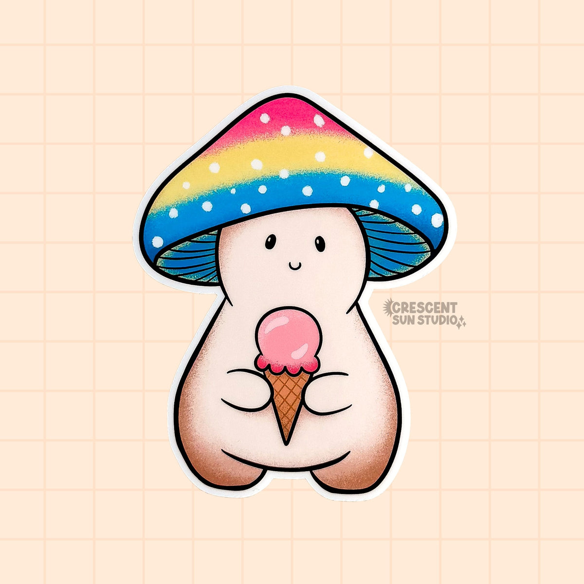 A mushroom character sticker whose cap is shaded pink, yellow, and blue, depicting the pansexual pride flag. The mushroom is holding a pink ice cream cone.