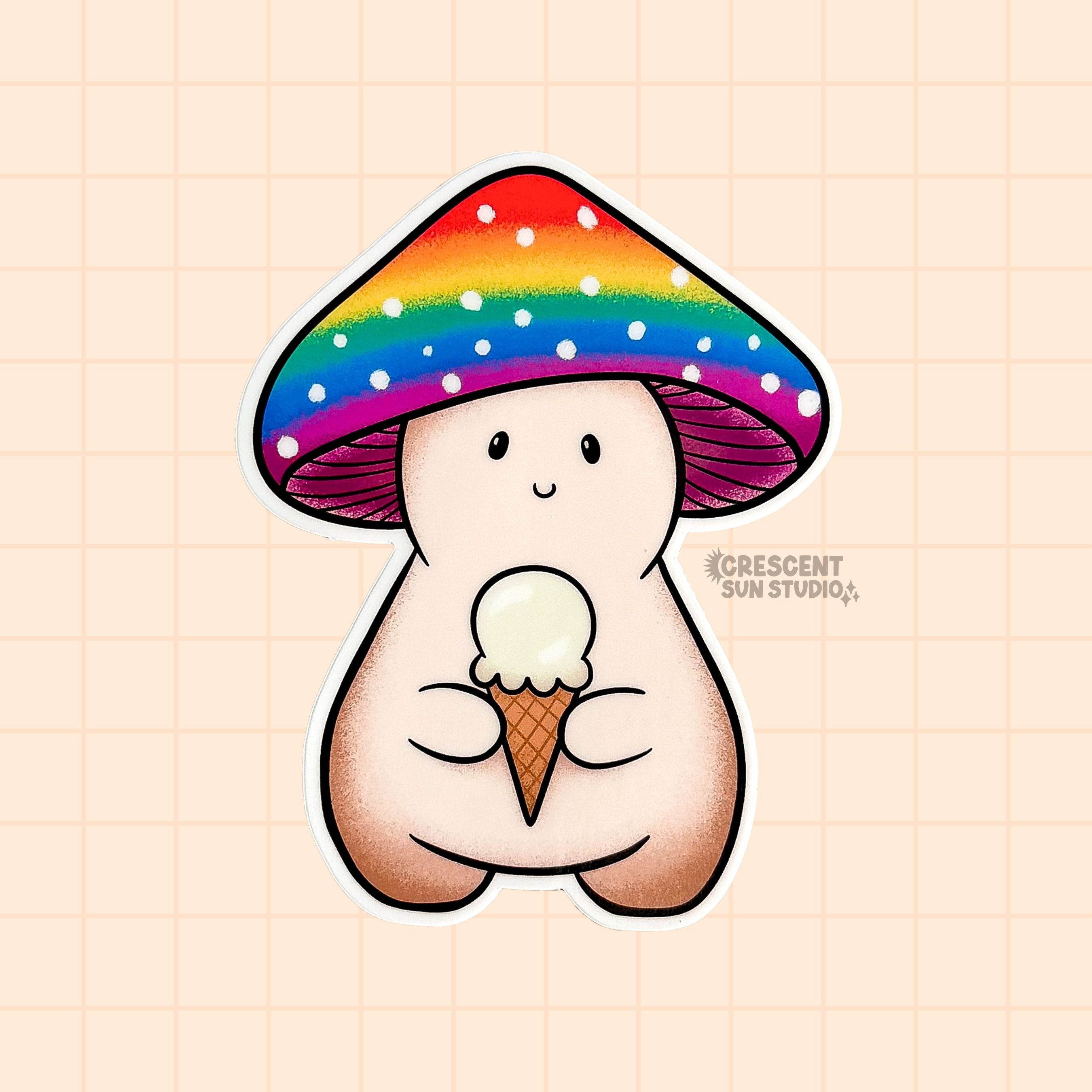A die cut mushroom sticker with the mushroom character holding a white ice cream cone and wearing a rainbow colored mushroom cap.