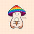 A die cut mushroom sticker with the mushroom character holding a white ice cream cone and wearing a rainbow colored mushroom cap.