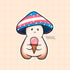 A mushroom character sticker whose cap is shaded blue, pink, and white, representing the trans pride flag. They are holding a pink ice cream cone.