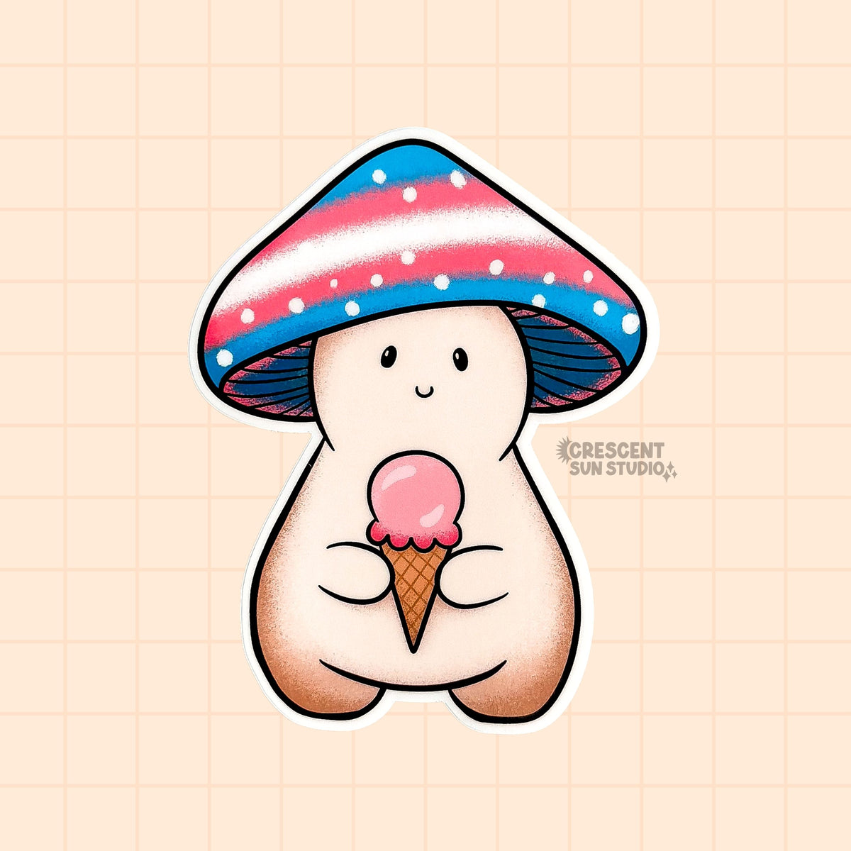 A mushroom character sticker whose cap is shaded blue, pink, and white, representing the trans pride flag. They are holding a pink ice cream cone.